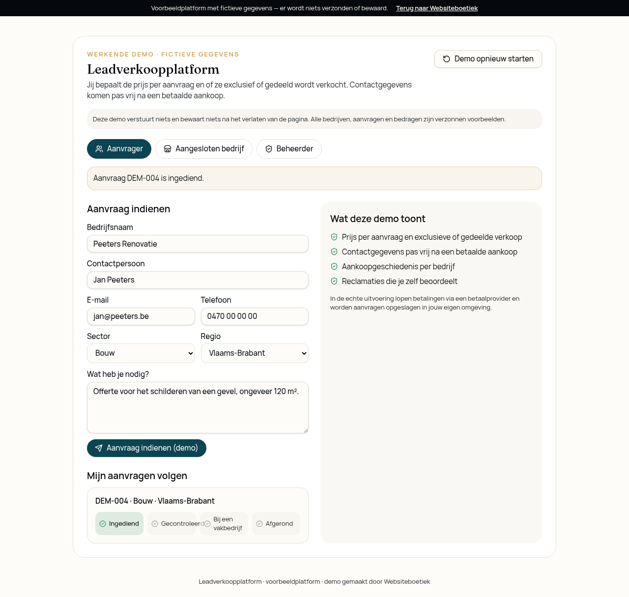 Schermafbeelding van een ingediende aanvraag met status Ingediend