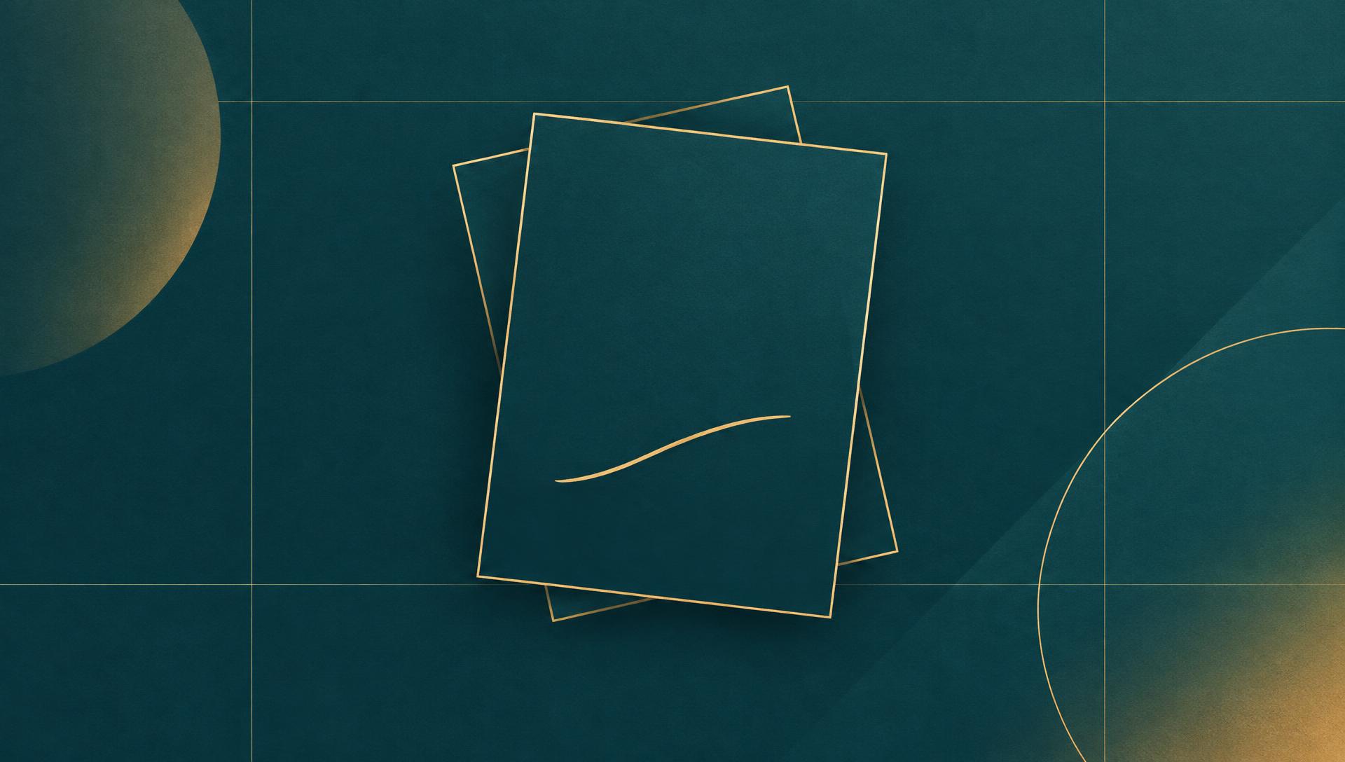 Abstracte blogomslag in de Websiteboetiek-kleuren: twee overlappende pagina-omlijningen in gouden lijnen, als teken van een blogartikel.
