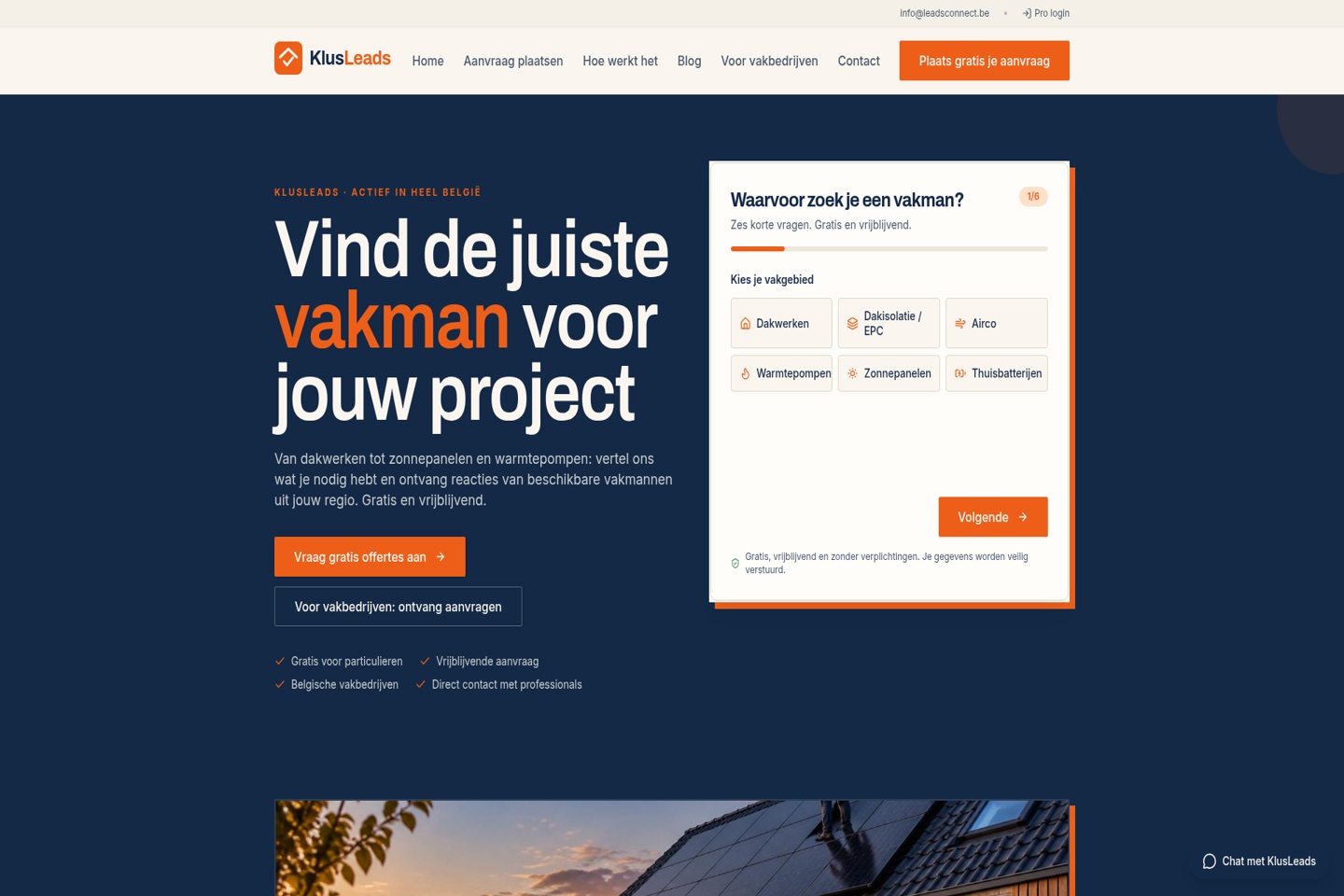 Schermafbeelding van Klusleads.com met vakmanzoeker en aanvraagformulier — verkocht leadplatform
