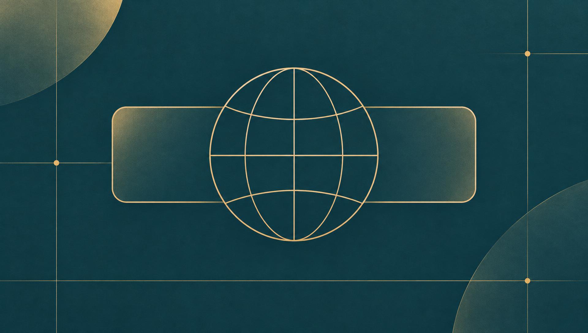 Abstracte blogomslag in de Websiteboetiek-kleuren: een fijne gouden wereldbol boven een afgeronde kaart, als teken van een eigen webadres.