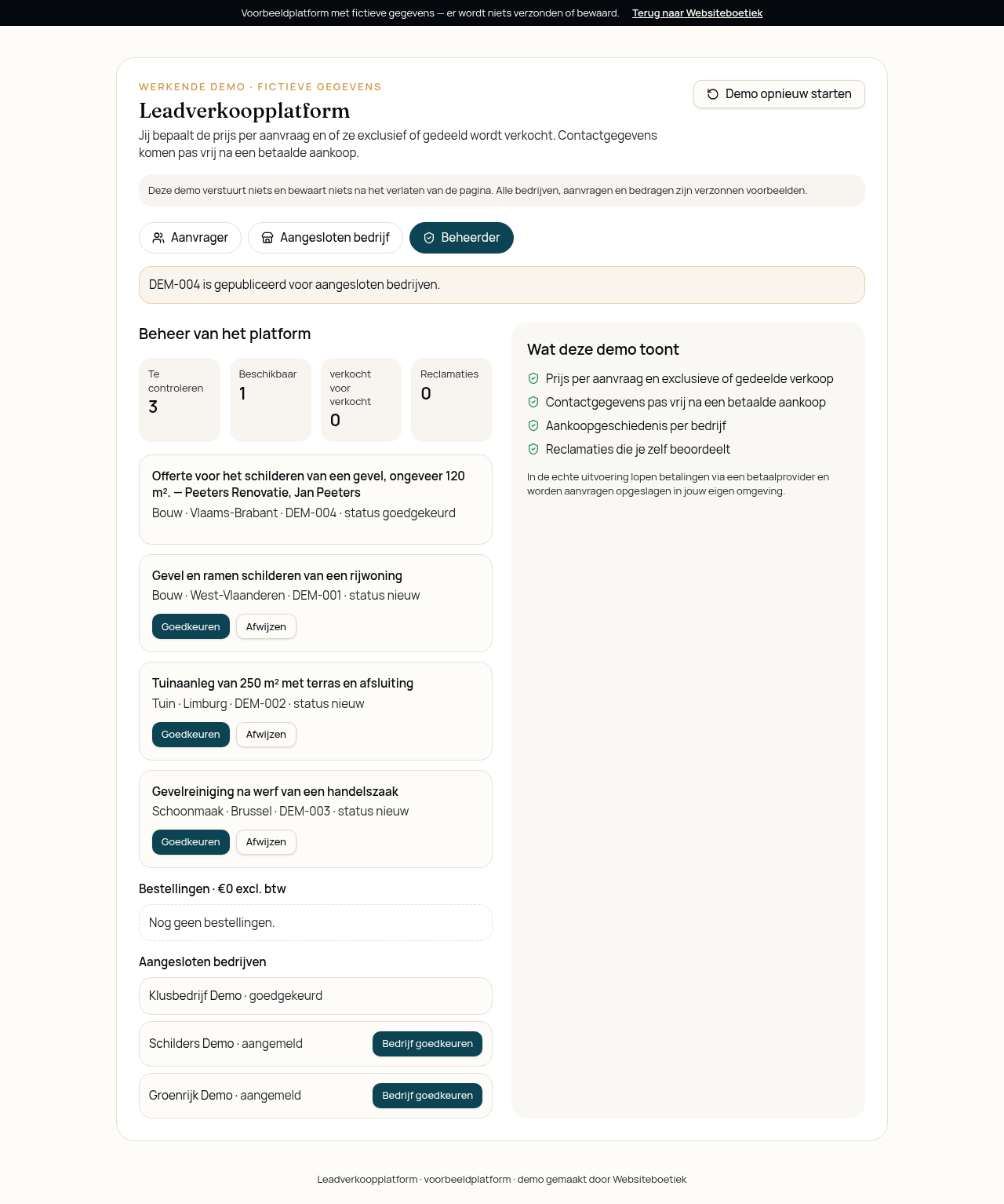 Schermafbeelding van het beheerdersdashboard met te controleren aanvragen en aangesloten bedrijven
