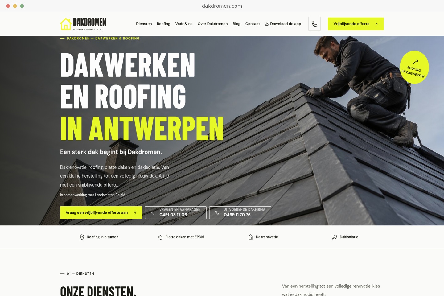 Schermafbeelding van Dakdromen.com met dakwerker, diensten en geel-zwarte huisstijl — verkocht project