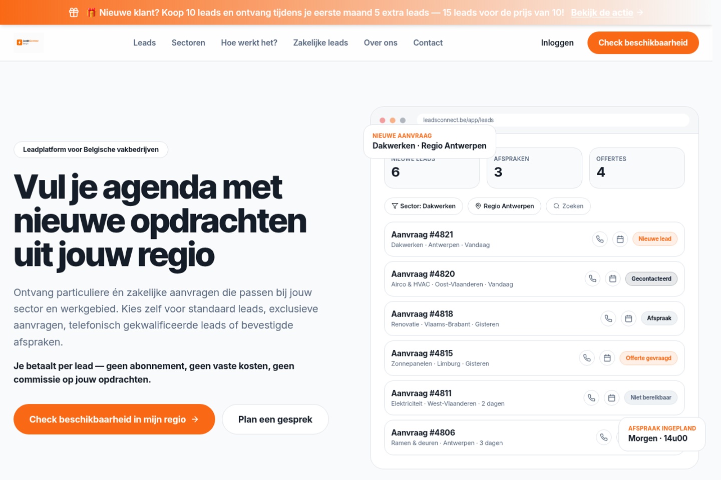 Schermafbeelding van Leadsconnect.be met aanvraagdashboard — verkocht leadplatform