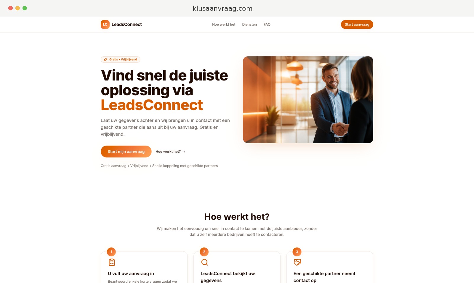 Schermafbeelding van Klusaanvraag.com met de vraagpagina "Vind snel de juiste oplossing via LeadsConnect" en de drie stappen van hoe het werkt — verkochte bedrijfswebsite