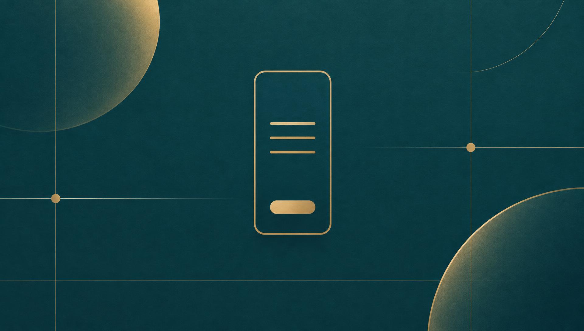 Abstracte blogomslag in de Websiteboetiek-kleuren: het gouden silhouet van een telefoon met drie regels en een knop, als teken van een website op een gsm.