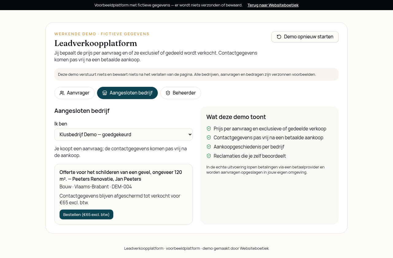Schermafbeelding van de omgeving van een aangesloten bedrijf met een aanvraag om te bestellen