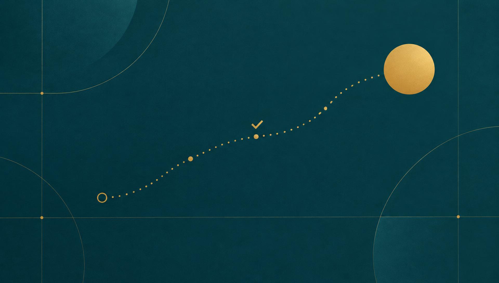 Abstracte blogomslag in de Websiteboetiek-kleuren: een gouden stippellijn die van een open cirkel omhoog stijgt naar een gevulde cirkel, als teken van het verloop van een aanvraag.