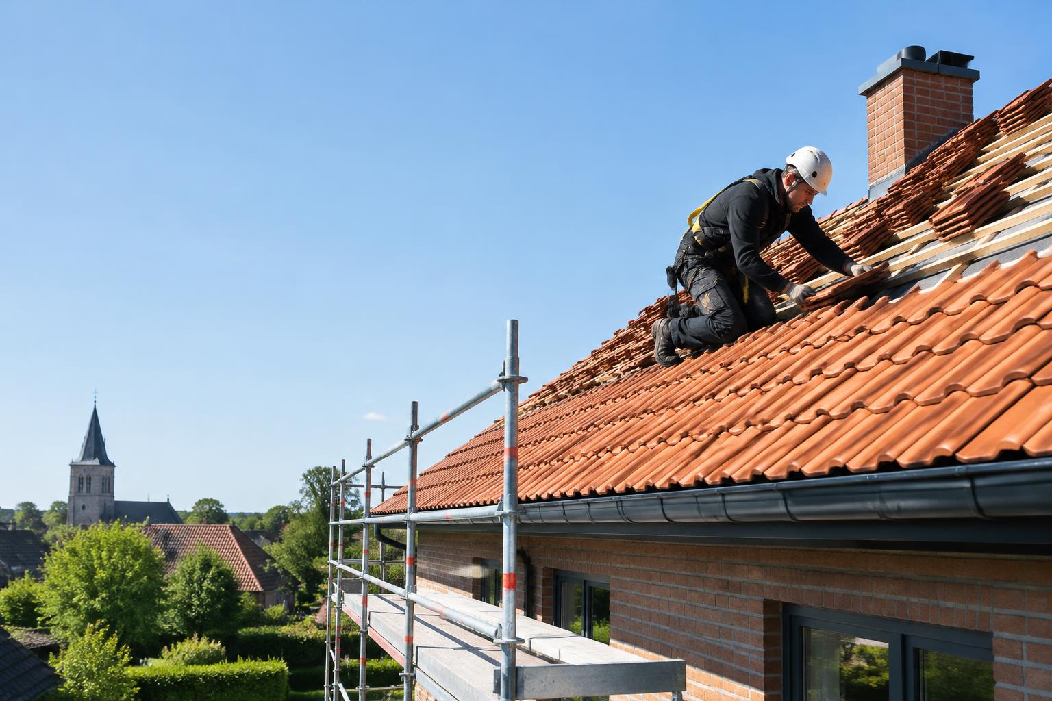Dakwerker legt nieuwe dakpannen op een gezinswoning