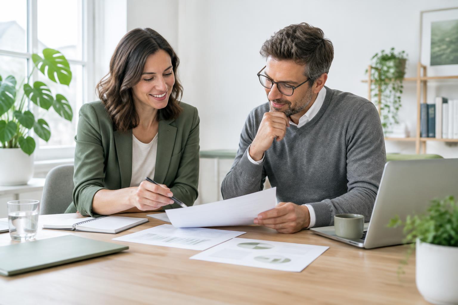 Twee ondernemers bespreken hun plannen in een licht kantoor