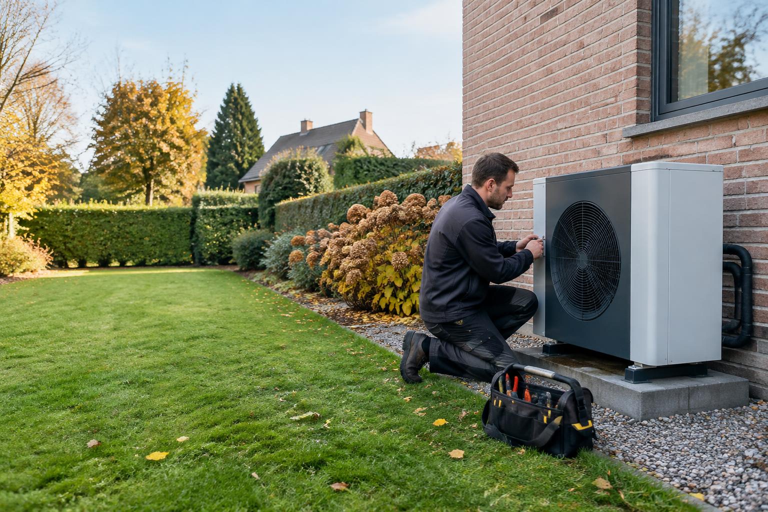 Technicus onderhoudt een moderne warmtepomp naast een woonhuis