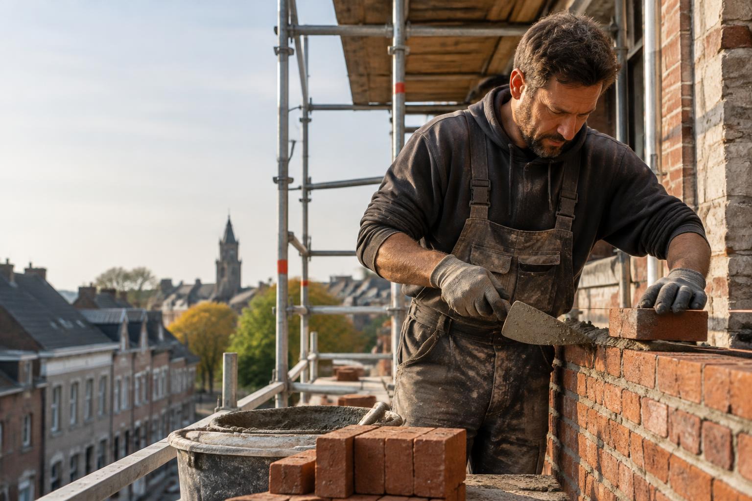 Metselaar aan het werk op een verbouwing van een Belgische woning