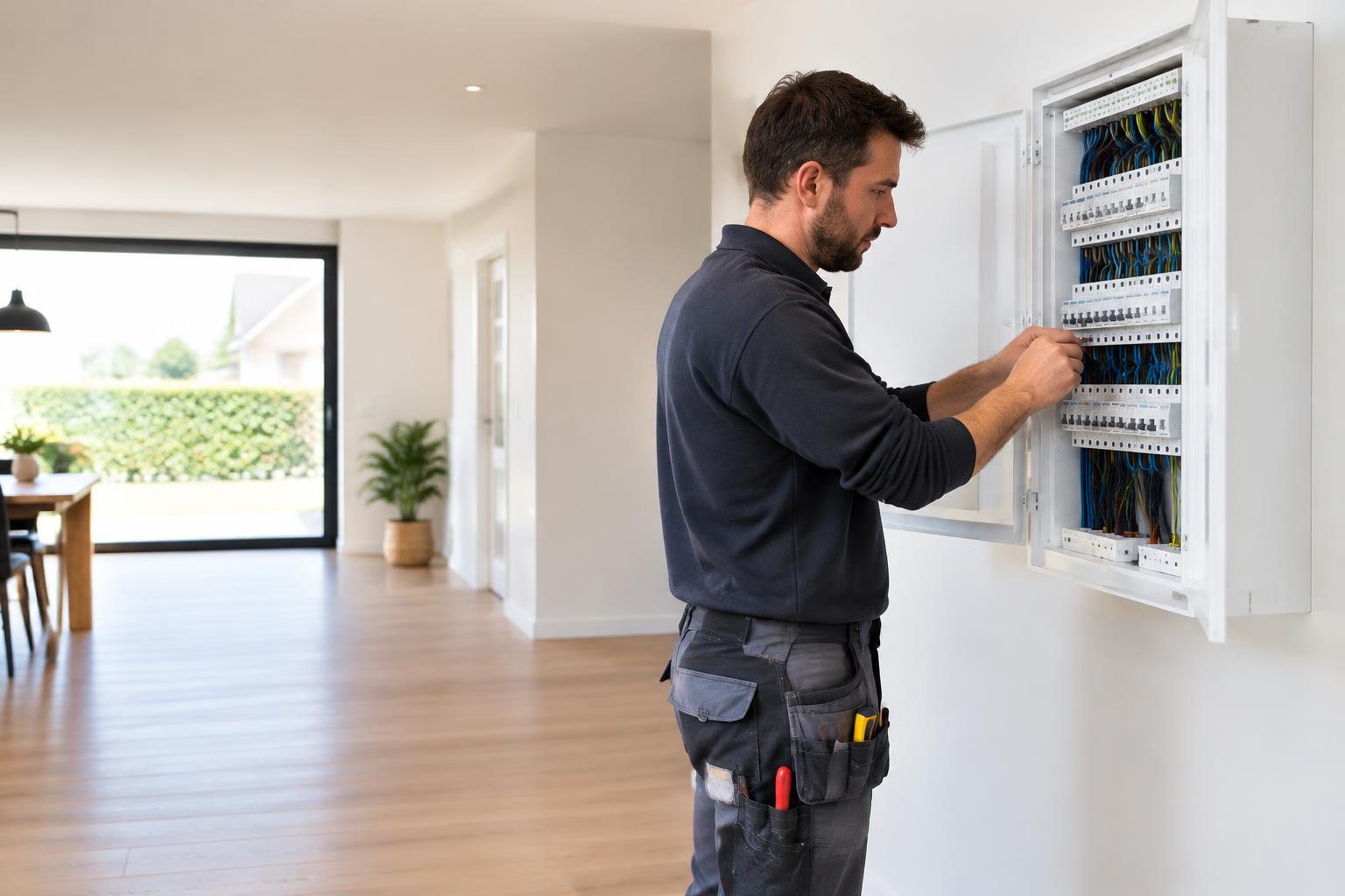 Elektriciën installeert een moderne zekeringenkast in een gerenoveerd huis