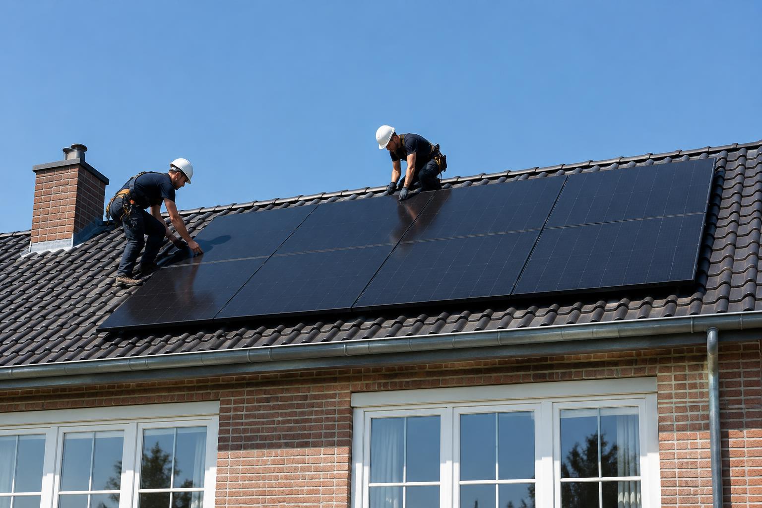Installateurs plaatsen zonnepanelen op een gerenoveerd dak