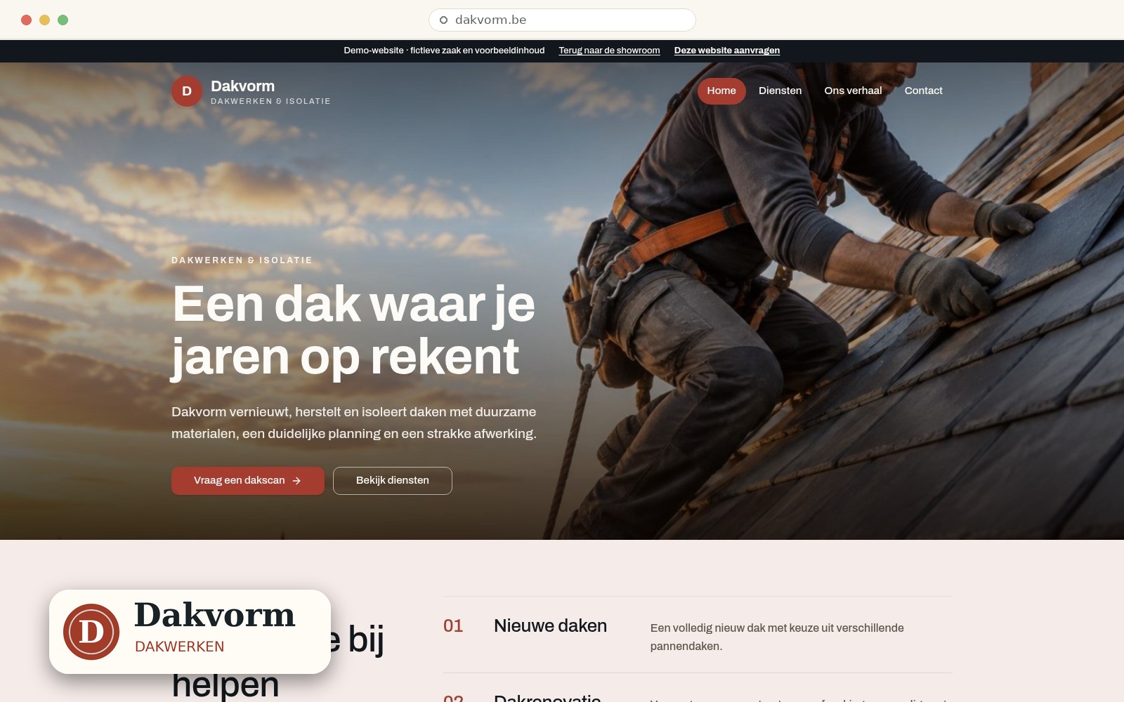 Schermafbeelding van de werkende Dakvorm-demo met Websiteboetiek-logo