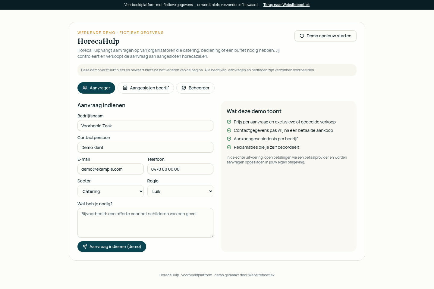 Schermafbeelding van het leadoverzicht van leadverkoopplatform HorecaHulp