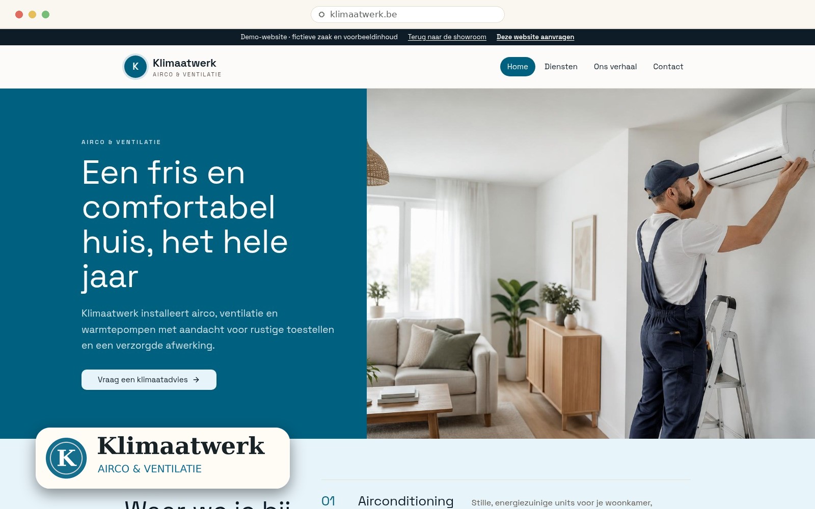 Schermafbeelding van de werkende Klimaatwerk-demo met Websiteboetiek-logo