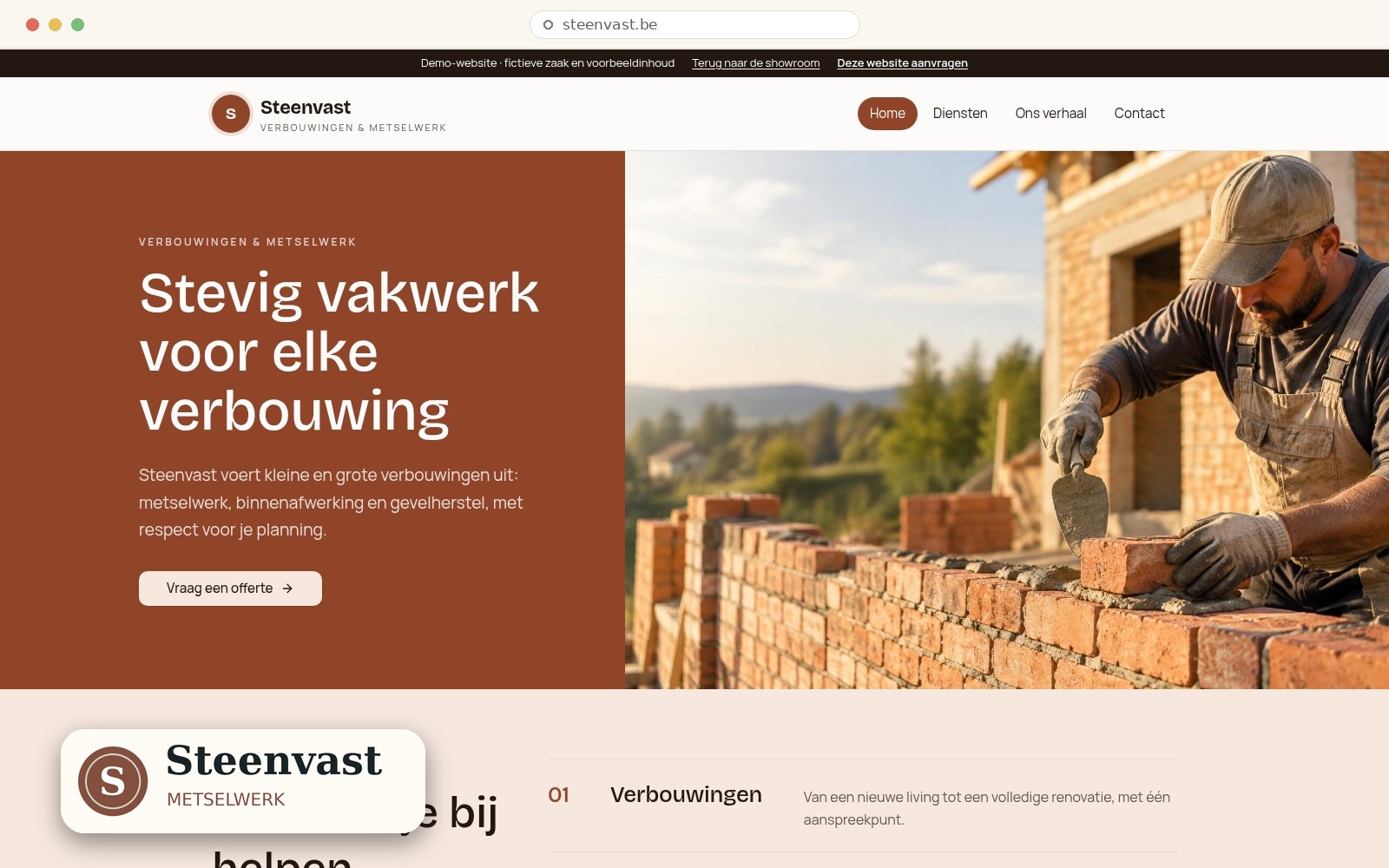 Schermafbeelding van de werkende Steenvast-demo met Websiteboetiek-logo