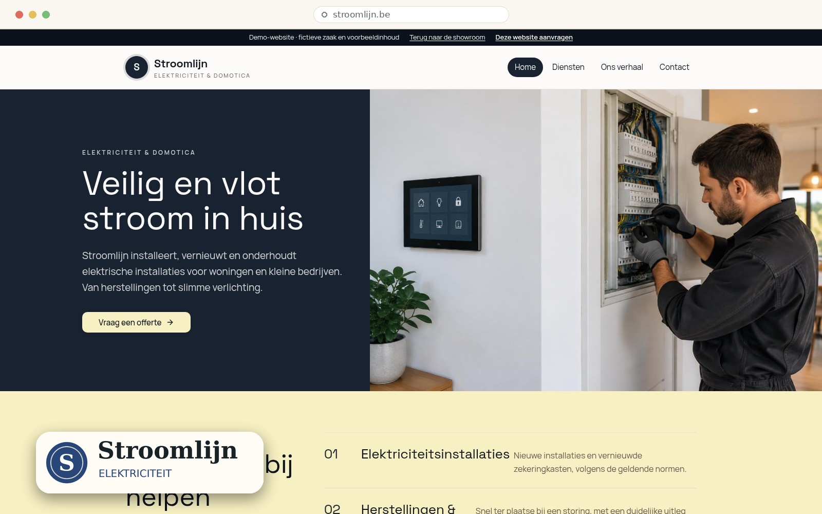 Schermafbeelding van de werkende Stroomlijn-demo met Websiteboetiek-logo