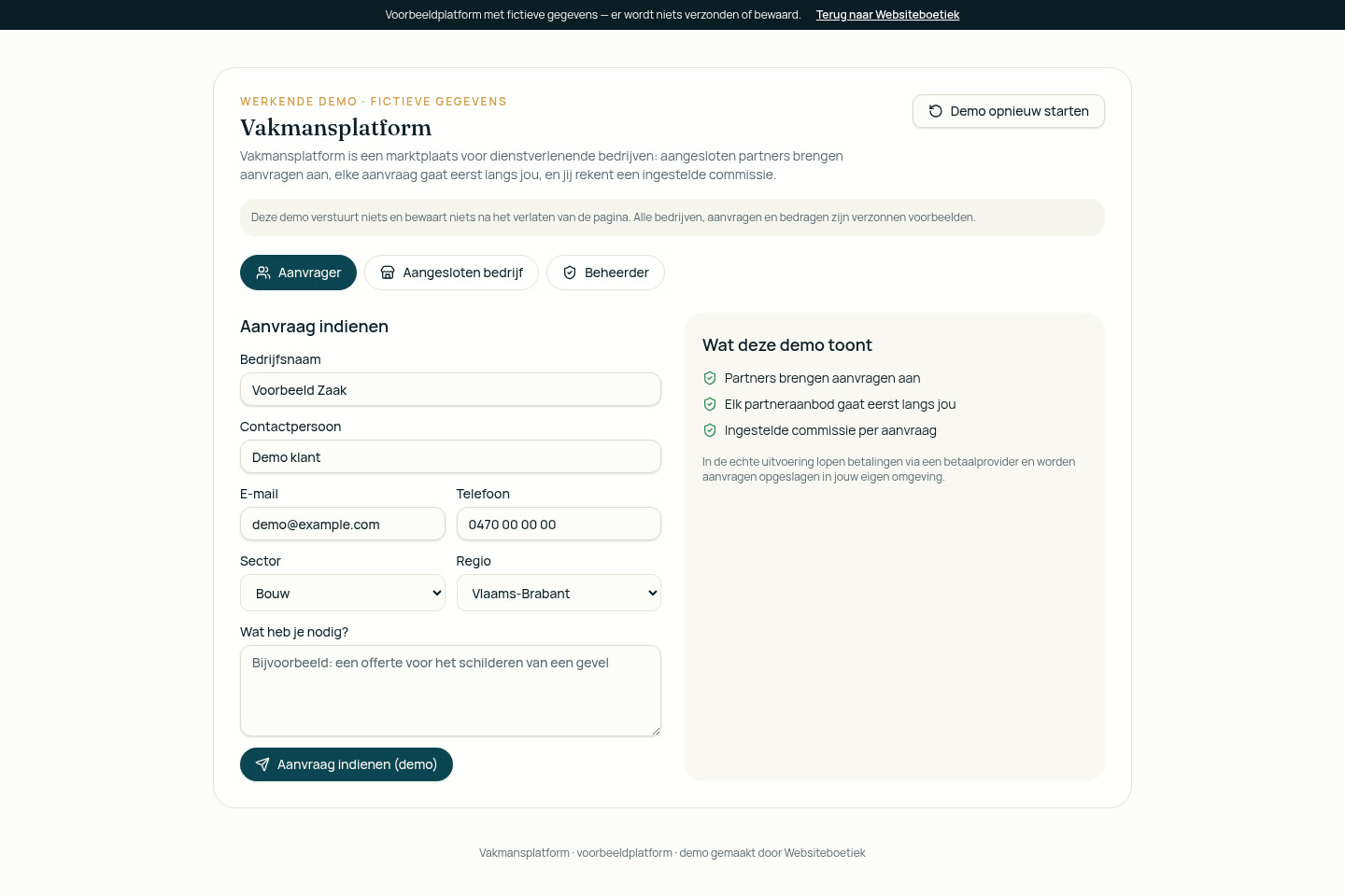Schermafbeelding van het partneraanbod op leadmarktplaats Vakmansplatform