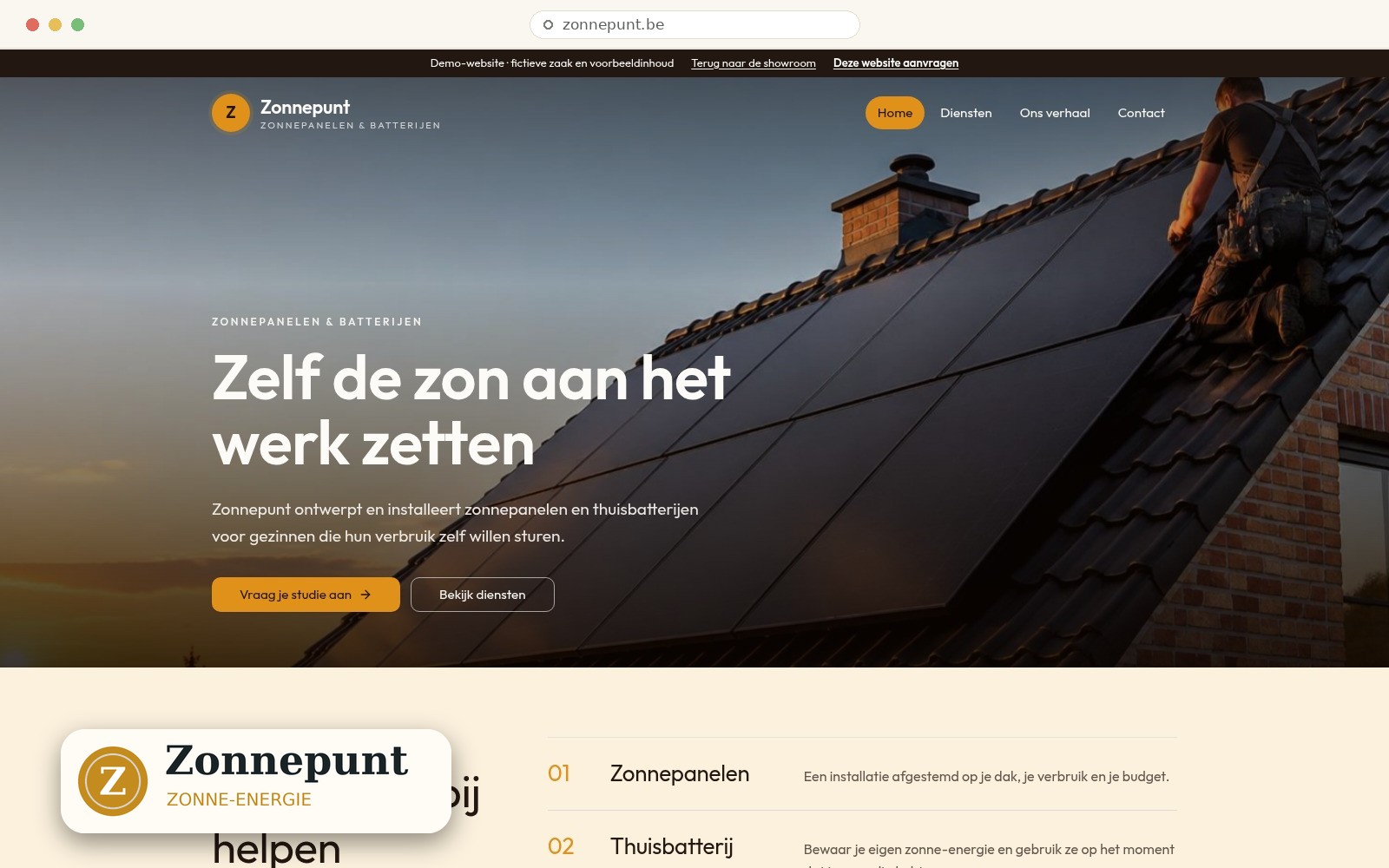 Schermafbeelding van de werkende Zonnepunt-demo met Websiteboetiek-logo
